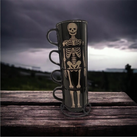 Set Of 4 Black & White Skeleton Stacking Stackable Mugs w Wire Rack Goth Tower - Picture 1 of 11